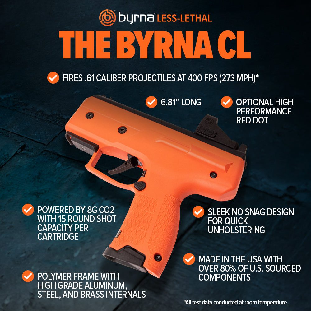 Orange non-lethal launcher with specifications