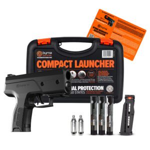 Self-defense kit featuring compact launcher