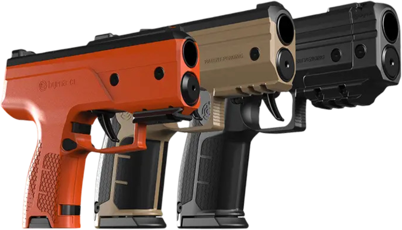 Multi-colored handguns on black background