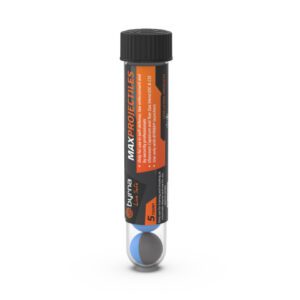 Transparent tube with blue and gray spheres.