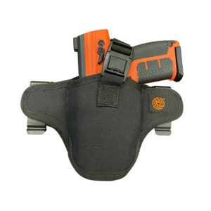 Holstered pistol with orange accents